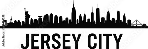 PrintJersey City skyline silhouette illustration with Statue of Liberty, iconic skyscraper landmark vector graphic, urban architectural outline art, metropolitan design sketch element for branding