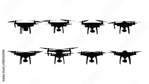 Formation of eight drones in flight isolated on white background, Vector