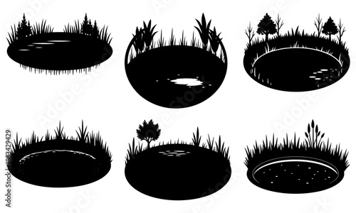 Small Circular Ponds with Surrounding Vegetation in Silhouette on White Background water grass