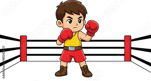 Cute cartoon boxer boy standing in boxing ring, wearing gloves and shorts, child fighter sports character illustration