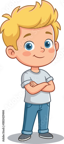 Cute cartoon boy character standing with crossed arms, smiling child illustration, blond hair, casual outfit, kids mascot design