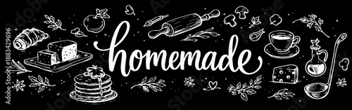 Obraz  z motywem Hand drawn homemade lettering with kitchen and food doodles on black chalkboard background
