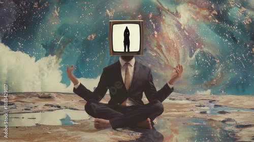 Footage A man sits in a lotus position, surrounded by calmness, with a TV on his head