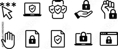 Cyber security icons set, protection shields, locks, safe browsing, privacy and data security vector symbols collection