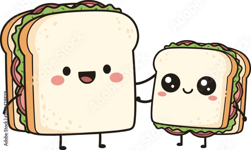 cute, sandwich, characters, smiling, kawaii, food, illustration, bread, lunch, snack, cartoon, happy, faces, friendship, isolated, white, background, design