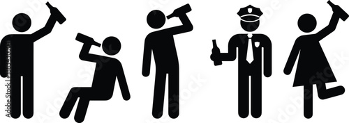 Drunk people silhouette icons set, alcohol addiction concept, intoxicated behavior symbols, police officer figure, black pictogram illustration