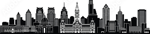 PrintPhiladelphia city skyline silhouette illustration featuring City Hall clock tower and Liberty Place skyscrapers, iconic architectural landmark vector graphic, urban metropolitan design 