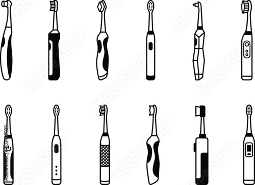 Electric toothbrush set, multiple handle designs, dental hygiene device collection, front view outline vector illustration isolated