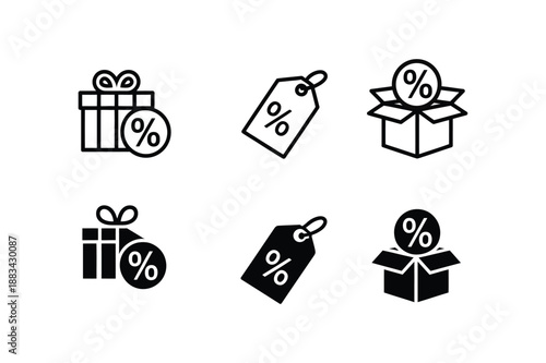Black and white icons of gifts and tags with percentage signs for sales and discounts