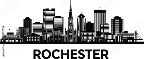 PrintRochester New York city skyline silhouette illustration, architectural landmark vector graphic, church spire dome outline art, modern urban metropolitan design sketch