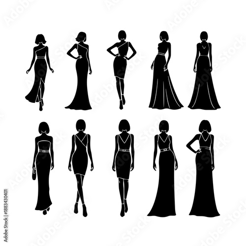 Black Female Fashion Model Poses Flat Vector Silhouette