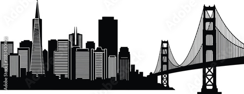 PrintSan Francisco skyline silhouette illustration featuring Golden Gate Bridge and Transamerica Pyramid, iconic skyscraper landmark vector graphic, urban architectural outline art