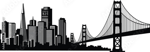 PrintSan Francisco skyline silhouette illustration featuring Golden Gate Bridge and Transamerica Pyramid, iconic skyscraper landmark vector graphic, urban architectural outline art