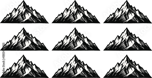 Hand drawn mountain seamless pattern illustration, vintage engraving style landscape sketch, repeating nature background, black and white design