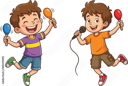 Happy cartoon boys playing maracas and singing with microphone, cheerful kids music performance, playful child illustration isolated