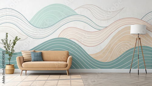 Tableau sur toile Modern Living Room with Fluid Abstract Wave Mural in Teal and Sand Colors for Re