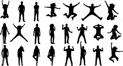 Silhouettes of young people jumping in fashionable clothes. Vector silhouettes man and women, illustration. Transparent background EPS version.