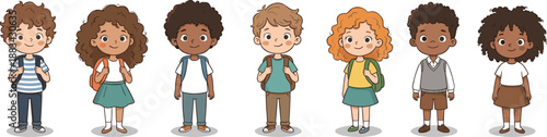 Happy diverse school children, backpack students illustration, multicultural classroom kids, primary education concept, friendly classmates, learning together, childhood community