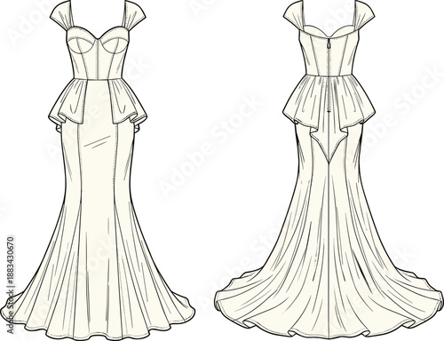 PrintTechnical fashion illustration of a mermaid evening gown featuring a corset bodice cap sleeves peplum detail and flared floor length skirt front and back views