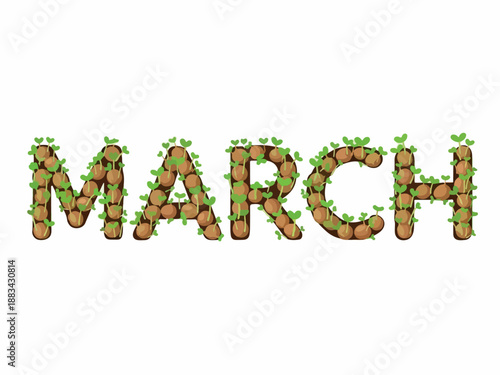 March text design with a unique and creative touch, featuring brown spheres and green leaves for a fresh look