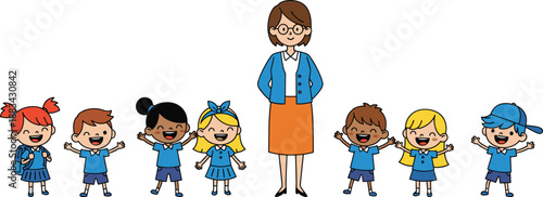 Happy teacher with kindergarten children, classroom education illustration, friendly school scene, early learning concept, smiling students, preschool community