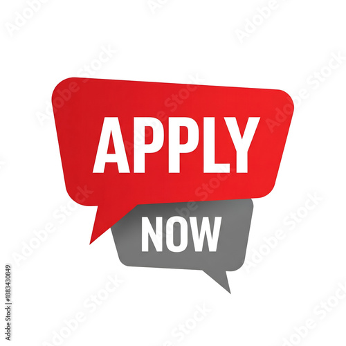 A red and gray speech bubble with the words APPLY NOW  isolated on white background