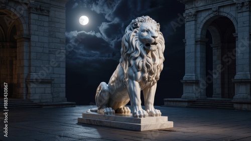 Marble lion statue on pedestal at night