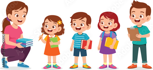Happy teacher with students, school education illustration, classroom learning concept, cheerful kids studying, back to school, primary education, friendly tutor