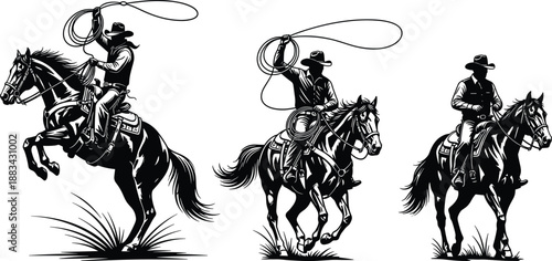 PrintWild West Cowboy Riding Horse Illustration Set Featuring Silhouettes of Men with Lassos Roping and Galloping in Vintage Retro Woodcut Style Vector Graphic Art