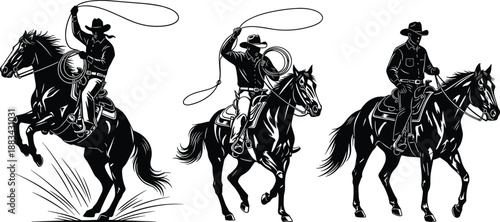PrintWild West Cowboy Riding Horse Illustration Set Featuring Silhouettes of Men with Lassos Roping and Galloping in Vintage Retro Woodcut Style Vector Graphic Art