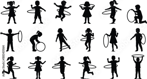 Kids hula hoop silhouettes set, children playing and exercising with hoops, active playful poses isolated black vector collection