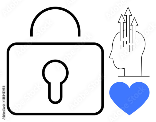 Security concept. Lock symbol protection and confidentiality, human mind for innovation and growth, and heart trust and care. For cybersecurity, mental health, emotional well-being, personal growth