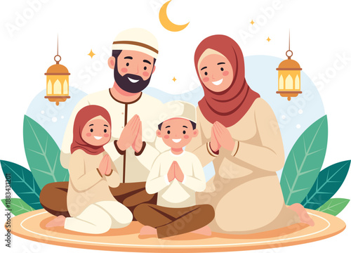 Illustration of a Muslim family praying together on a mat with a crescent moon and lanterns in the background, conveying a serene and peaceful mood with warm colors.
