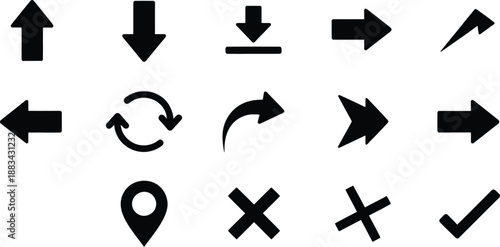 Collection of essential black silhouette user interface icons for app and web design projects