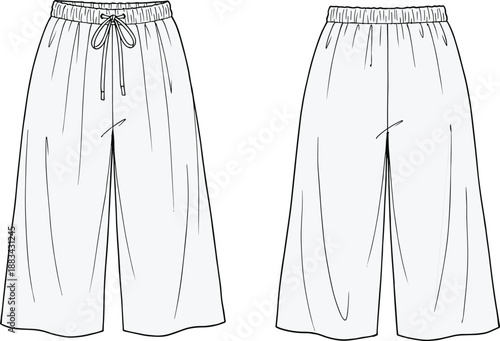 Minimalist black line drawing of casual wide leg shorts, front and back view fashion technical illustration