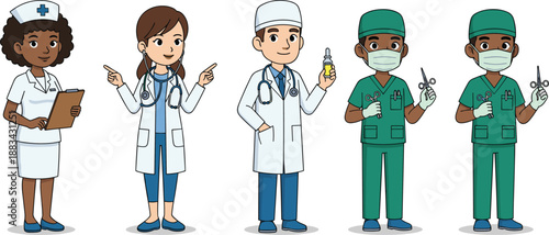 Medical team characters, doctors and nurses illustration, healthcare professionals cartoon set, hospital staff, patient care concept, clinic medicine, friendly service