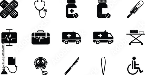 A comprehensive set of medical and healthcare icons representing equipment, services, and first aid.