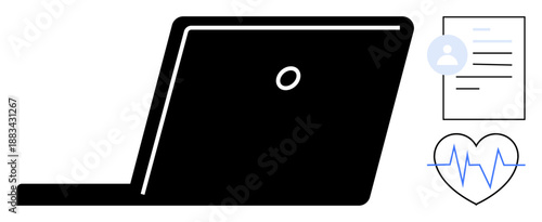 Digital healthcare, telemedicine, online records, data security, medical technology, information exchange. Black laptop with document and heartbeat icon. Digital healthcare and telemedicine concept