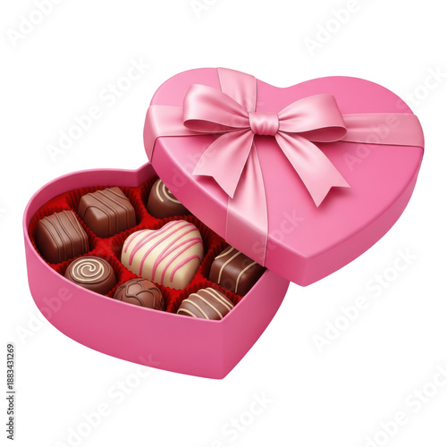 Pink heart shaped box of assorted chocolates with a bow on the lid open isolated on transparent background
