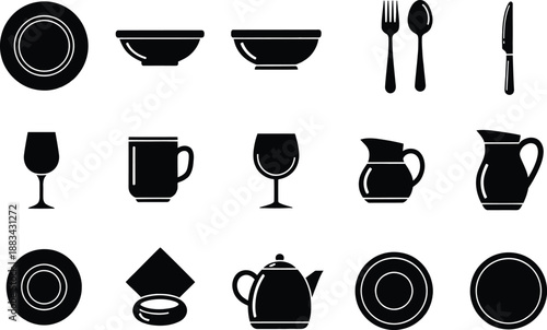 A collection of black silhouettes representing various kitchen utensils and tableware items for dining