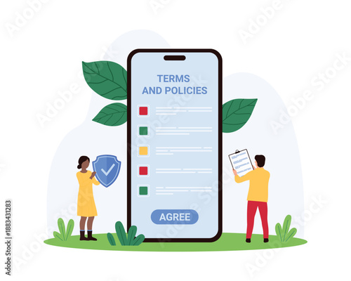 User agreement, software privacy policy, online contract of partnership or license regulation in mobile app. Tiny people read list of document on smartphone screen cartoon vector illustration