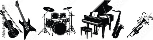 Musical instruments silhouettes collection, violin electric guitar drum set grand piano saxophone and trumpet isolated black vector