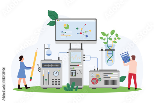 Genetic research in laboratory, science development through innovation experiment. Tiny people working with scientific lab equipment to analyze DNA, molecular structure cartoon vector illustration