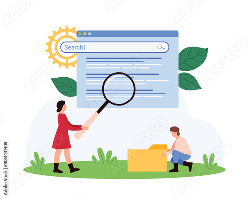Search engine optimization, online marketing strategy. Tiny people study browser search results with magnifying glass to optimize internet algorithm and control surfing cartoon vector illustration