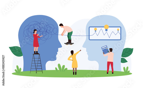 Mental health, coaching, self education for development of cognitive skills. Tiny people unravel mess of thoughts in brain with transformation into order and light bulbs cartoon vector illustration