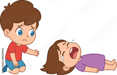 Sad cartoon children crying on floor, upset boy and girl emotional scene, unhappy kids illustration showing frustration and tears