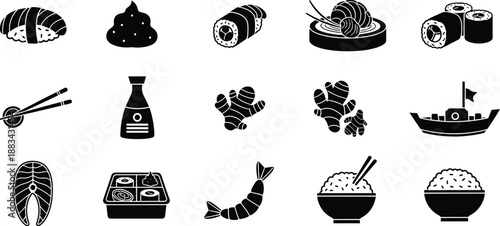 A comprehensive collection of black silhouette icons representing japanese cuisine