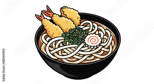 Large Bowl of Japanese Udon Noodle Soup with Crispy Tempura Shrimp and Green Onions