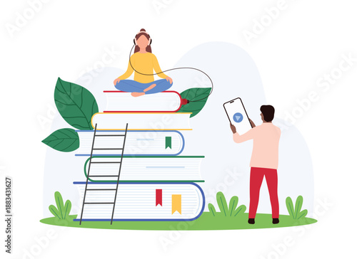 Individuals engaging with audiobooks. One person listens with headphones on a stack of books, while another interacts with a smartphone displaying a play button vector illustration.