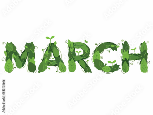 March in Bloom A Vibrant Botanical Design with Lush Green Leaves and Emerging Spring Growth